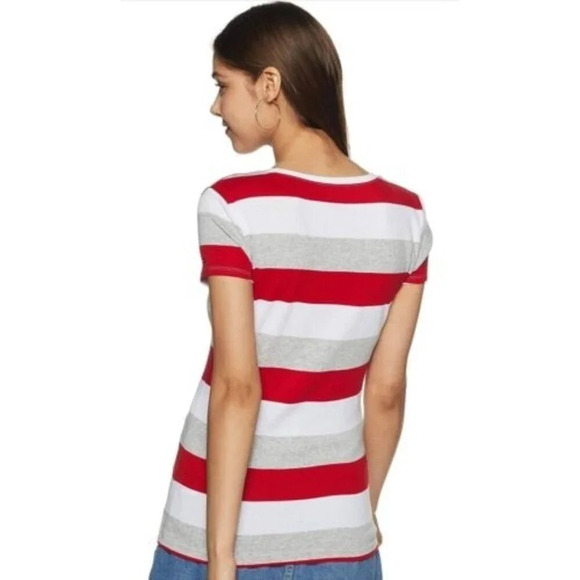 Tommy Hilfiger Women’s Striped T Shirt Large Embroidered Spell Out Stretch USA - Picture 2 of 10